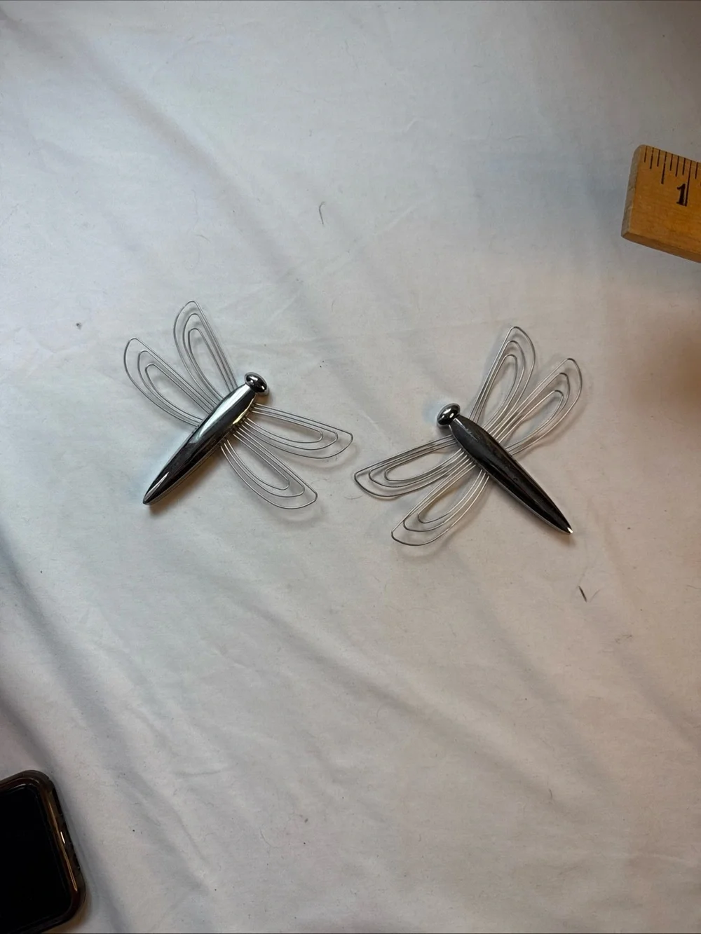 Chrome Dragonfly Wall Hooks Pair - Clear Wing Accent